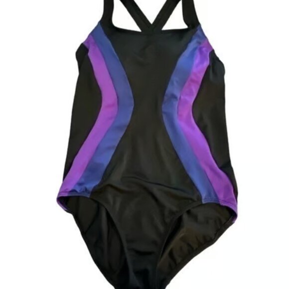 Land's End Black Purple Racerback Swimsuit Size 8L EUC #M-340 - Picture 1 of 5